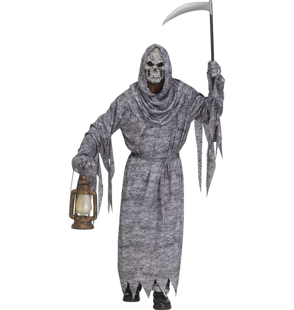 Stone Grim Reaper Adult Costume, One Size Mask Robe Hood w/Drape Belt Gloves