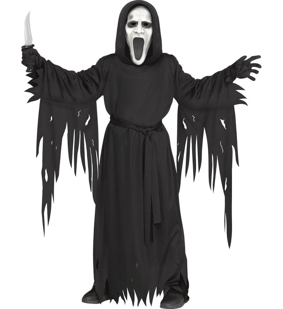 Silent Screamer Ghoul Ghost Child Costume PVC 1/2 Mask Hooded Robe Belt Gloves