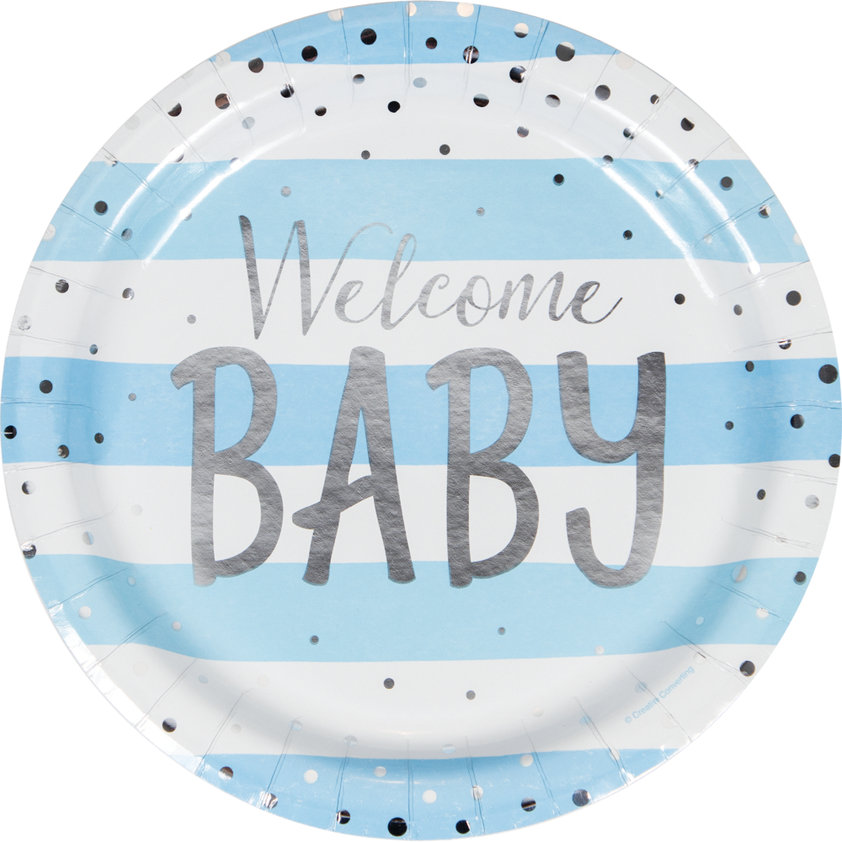 party supplies Welcome Baby Blue and Silver Foil Celebration Dinner Plates