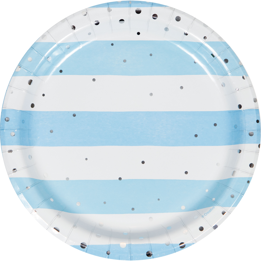 party supplies Blue and Silver Celebration Dots Stripes Foil Luncheon Plates