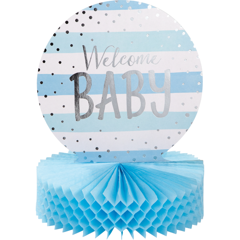 party supplies Welcome Baby Blue and Silver Celebration Foil HC Shaped Centerpiece