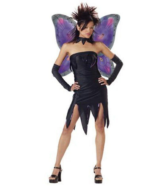 Gothic Evil Pixie Fairy With Wings Teen Costume Black dress Wings Black glovelettes Choker