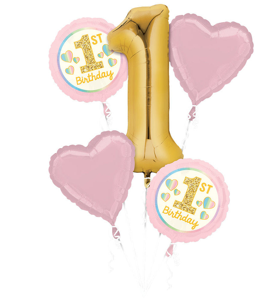 balloon foil birthday bouquet one heart circle pink gold