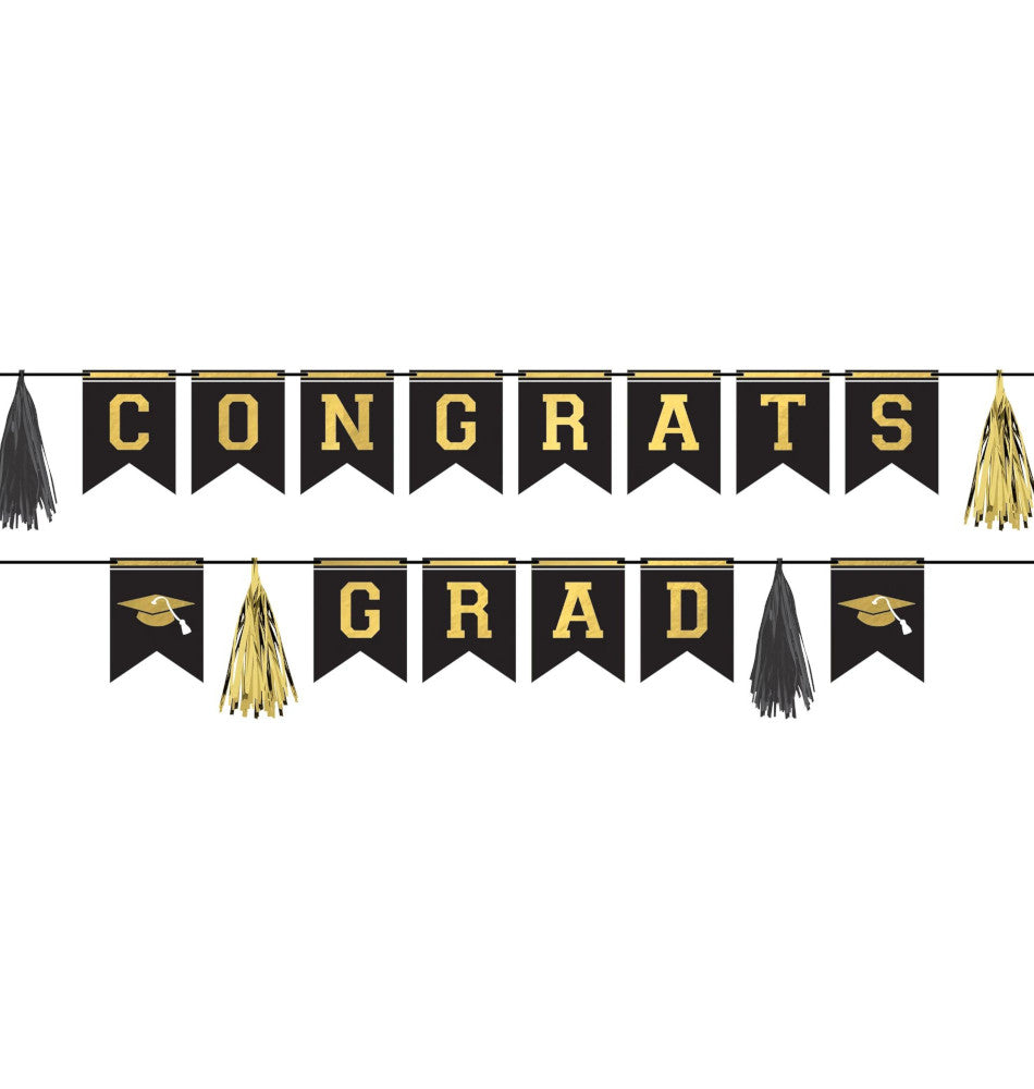 Congrats Grad Pennant Banner Kit - Black, Silver, Gold