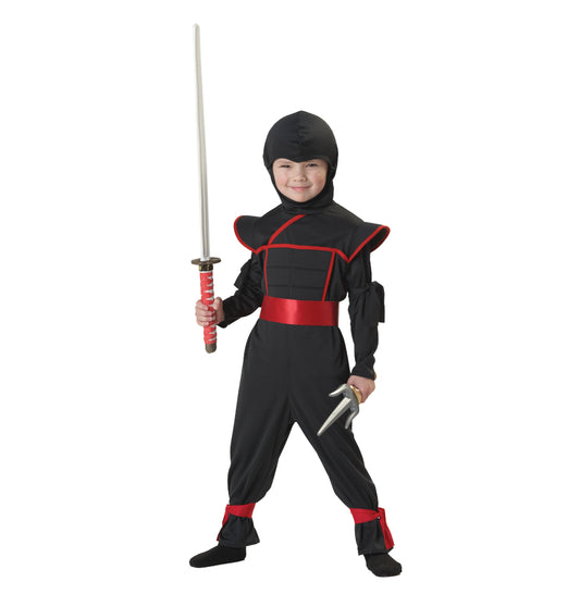 Stealth Warrior Ninja Assassin Toddler Costume Jumpsuit with attached hood 2 arm ties 2 leg ties Belt with foam stars Face mask