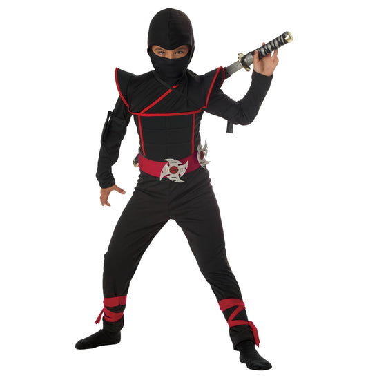 Stealth Warrior Ninja Assassin Child Costume  Jumpsuit with attached hood 2 arm ties 2 leg ties Belt with foam stars Face mask
