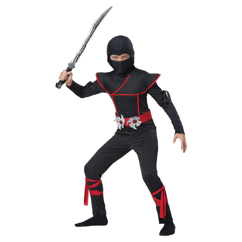 Stealth Warrior Ninja Assassin Child Costume Jumpsuit with attached hood 2 arm ties 2 leg ties Belt with foam stars Face mask