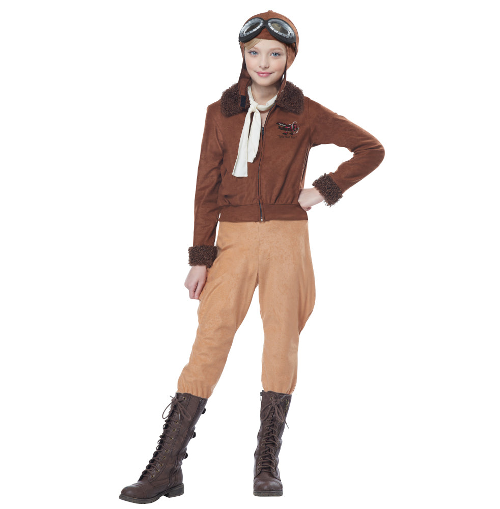 Amelia Earhart Pilot Aviator Historical Child Costume Bomber jacket Pants Neck scarf Hat Googles