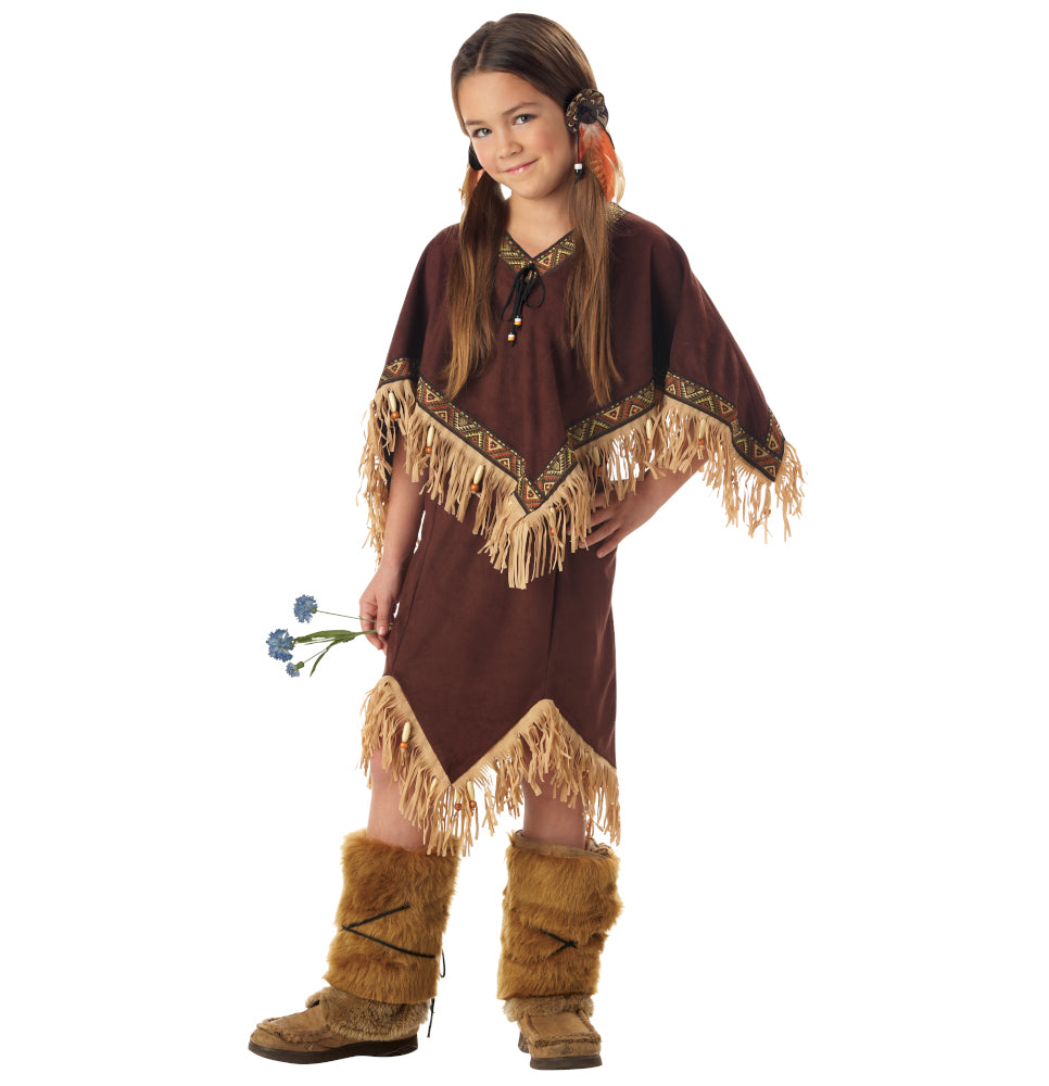 American Indian Princess Wildflower Child Costume Dress with fringe trim Poncho with fringe trim Plush boot covers Hair accessories 