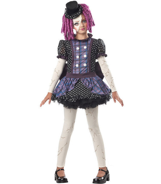 Broken Doll Child Costume Dress Bow Mini hat Leggings Half mask