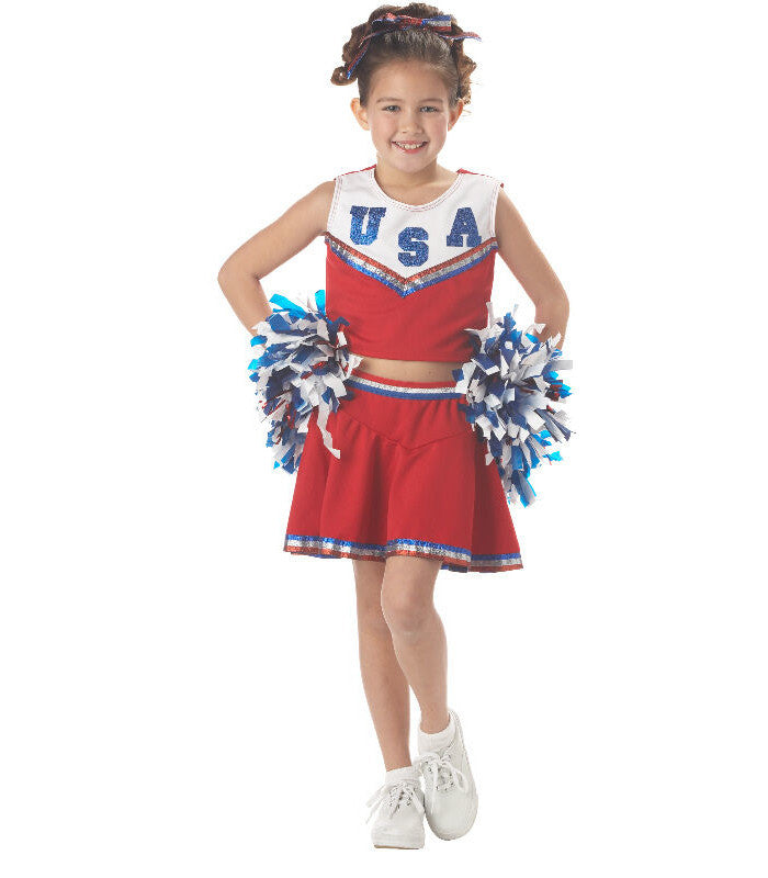 Patriotic Cheerleader Child Costume Top with USA screen print Skirt 2 pom poms