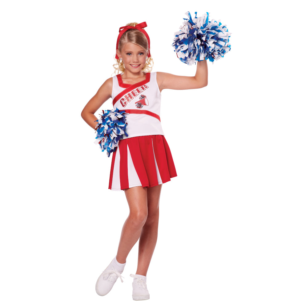 High School Cheerleader Child Costume Printed top Pleated skirt Two pom poms Hair ribbon