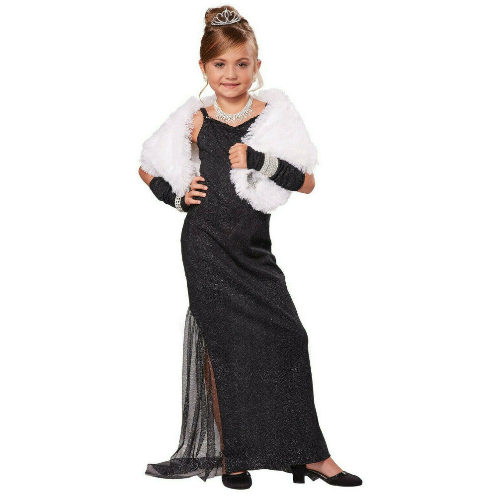 Hollywood Movie Star Diva Child Costume Dress Fingerless gloves Tiara Stole with sequin star patch