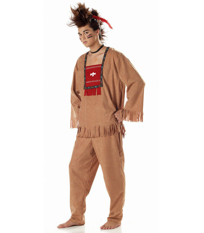 Native American Indian Running Bull Warrior Adult Costume Top Pants Headband with attached feather