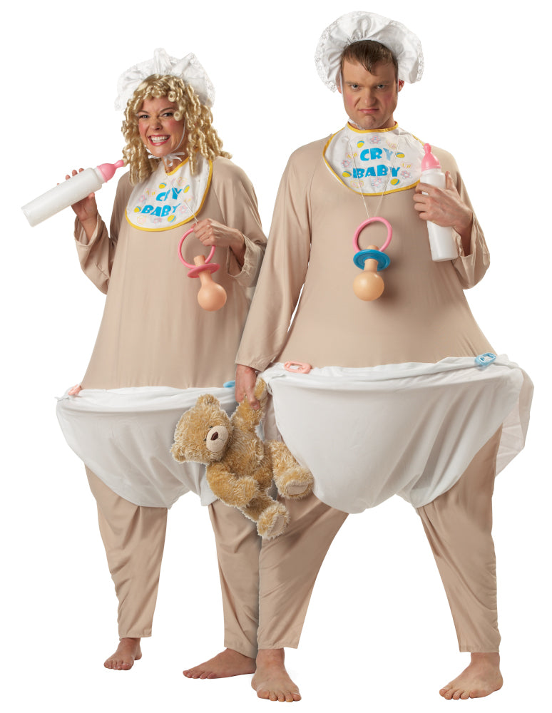 Cry Baby Adult Men Costume Bodysuit with attached hoop and diaper Bib Bonnet