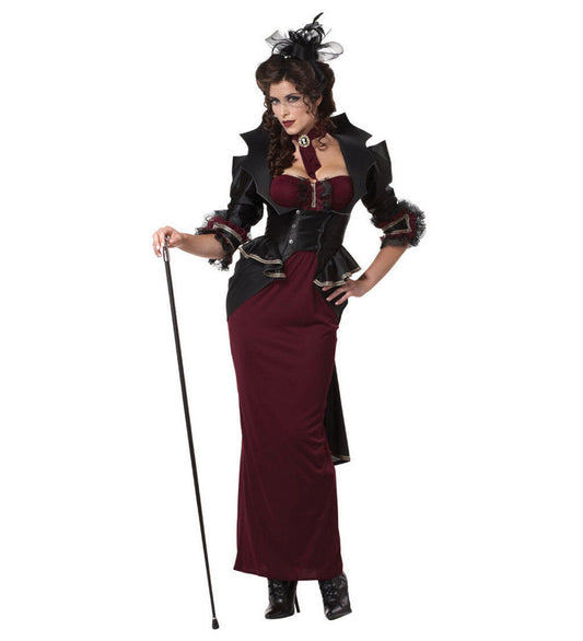 Lady of the Manor Vampire Victorian Adult Costume Dress Jacket with attached bustle Cravat with cameo pendant Headpiece