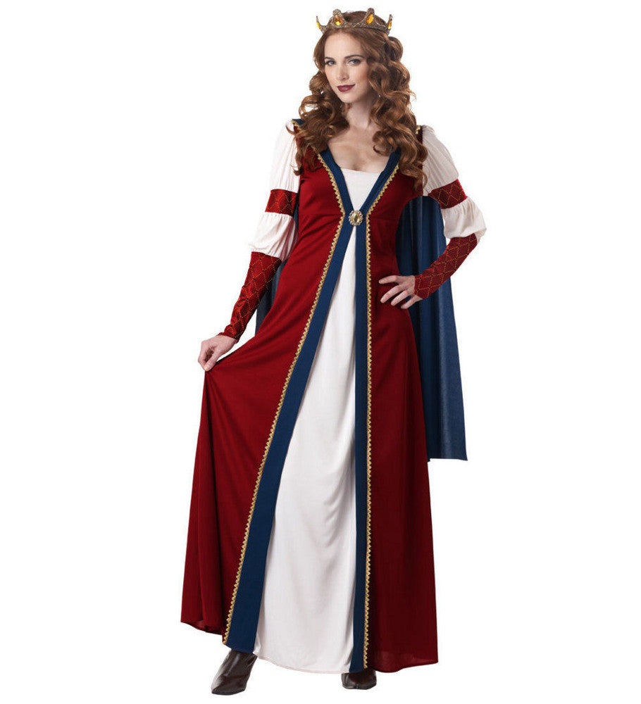 Renaissance Medieval Queen Adult Costume Dress with attached cape Pendant Crown