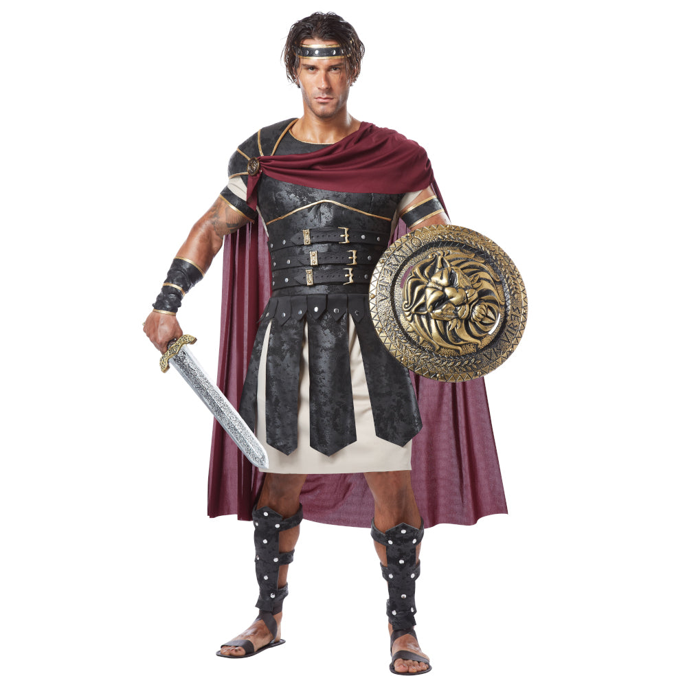 Roman Gladiator Spartan Greek Warrior Adult Costume Tunic Body armor with attached cape Velcro shoulder guard Wrist guard Shin guards Headband Armbands Medallion
