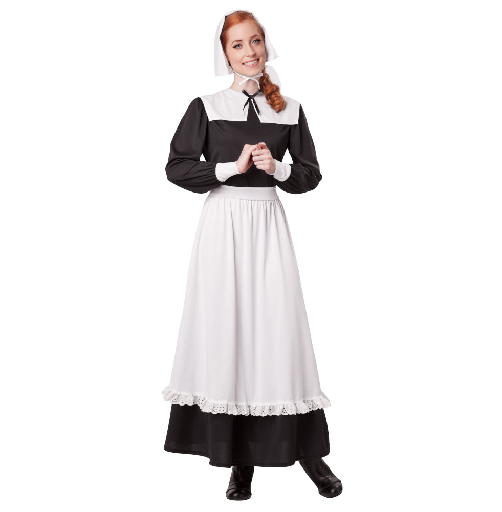 Thanksgiving Pilgrim Colonial Adult Woman Costume Dress with attached apron and collar Pilgrim hat