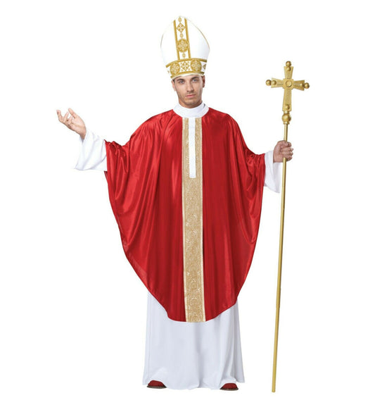 Holy Father Pope Catholic Priest Bishop of Rome Adult Men Costume Robe A red and gold Papal overdrape Miter hat