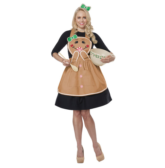 Gingerbread Christmas Holiday Apron Adult Costume Apron Headband with attached bow Bow clip