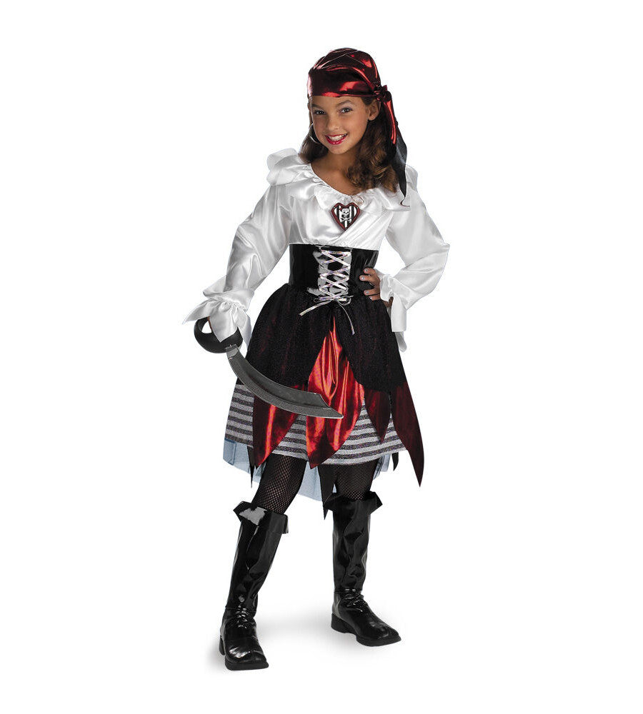 Pirate Lass Deluxe Child Girls Costume Dress Bandana Sculpted broach Pair of boot covers