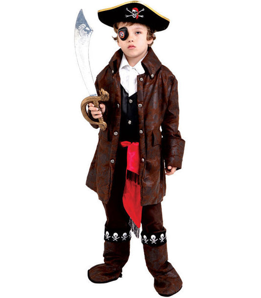 Caribbean Boy Pirate Buccaneer Swashbuckler Toddler Child Costume Jacket with attached shirt and vest Waist sash Pants with attached boot covers Eye patch Hat