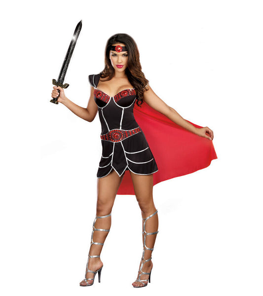 Roman Greek Warrior Queen Bring It Adult Women Costume Jewel encrusted black dress with lightly padded underwire cups Attached red cape Adjustable jeweled headpiece