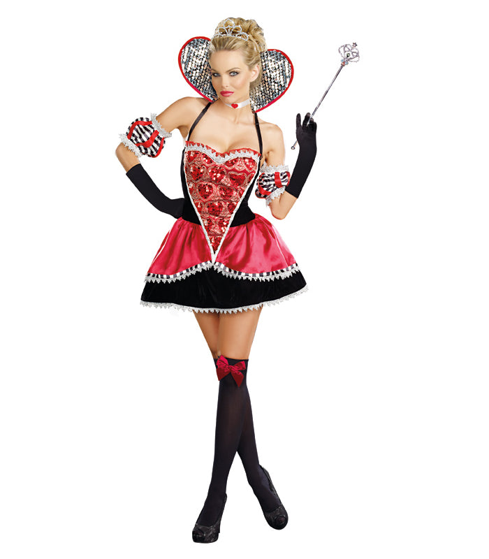 Wonderland Royal Queen of Hearts Adult Women Costume Velvet dress Choker Crown comb Pair of sleeves Heart shaped collar with removable/adjustable shoulder straps