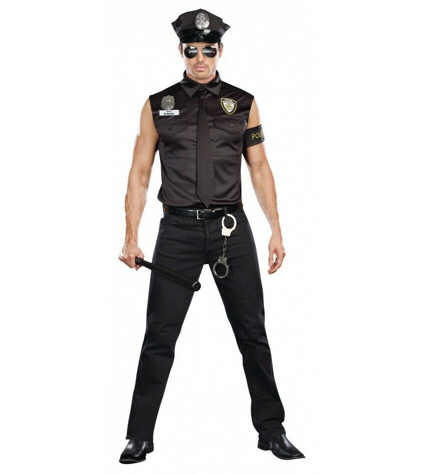 Dreamgirl Cop Police Officer Ed Banger Adult Men Costume Shirt with front pockets and police patch Necktie Police hat with badge pin "Officer Ed Banger" nameplate Police badge Adjustable armband
