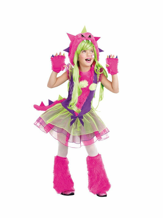 Ferocious Lil Creature Monster Girls Child Costume Dress with attached monster tail Monster hood Fingerless gloves with claws Boot covers 