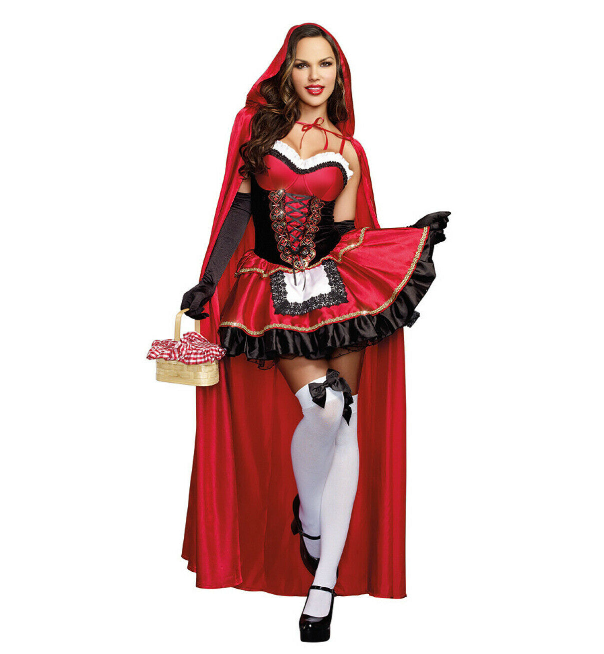 Little Red Riding Hood Adult Women Costume Dress with underwire foam cups and apron Long hooded satin cape