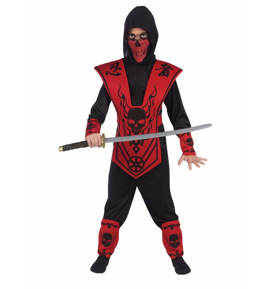 Skull Lord Ninja Fighter Warrior Child Costume, Black/Red Hooded shirt Tunic Pants Skull face mask Two wrist guards Two shin guards