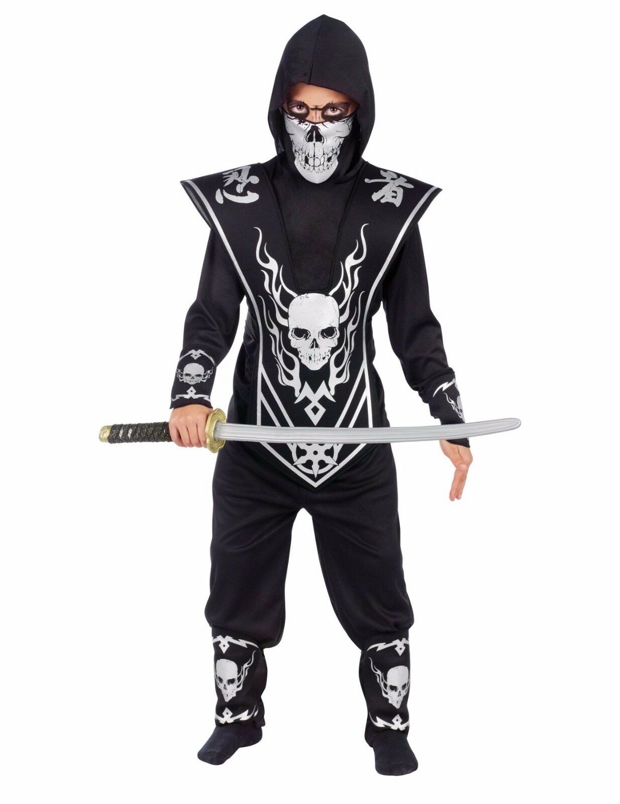 Skull Lord Ninja Fighter Warrior Child Costume, Black/Silver Hooded shirt Tunic Pants Skull face mask Two wrist guards Two shin guards