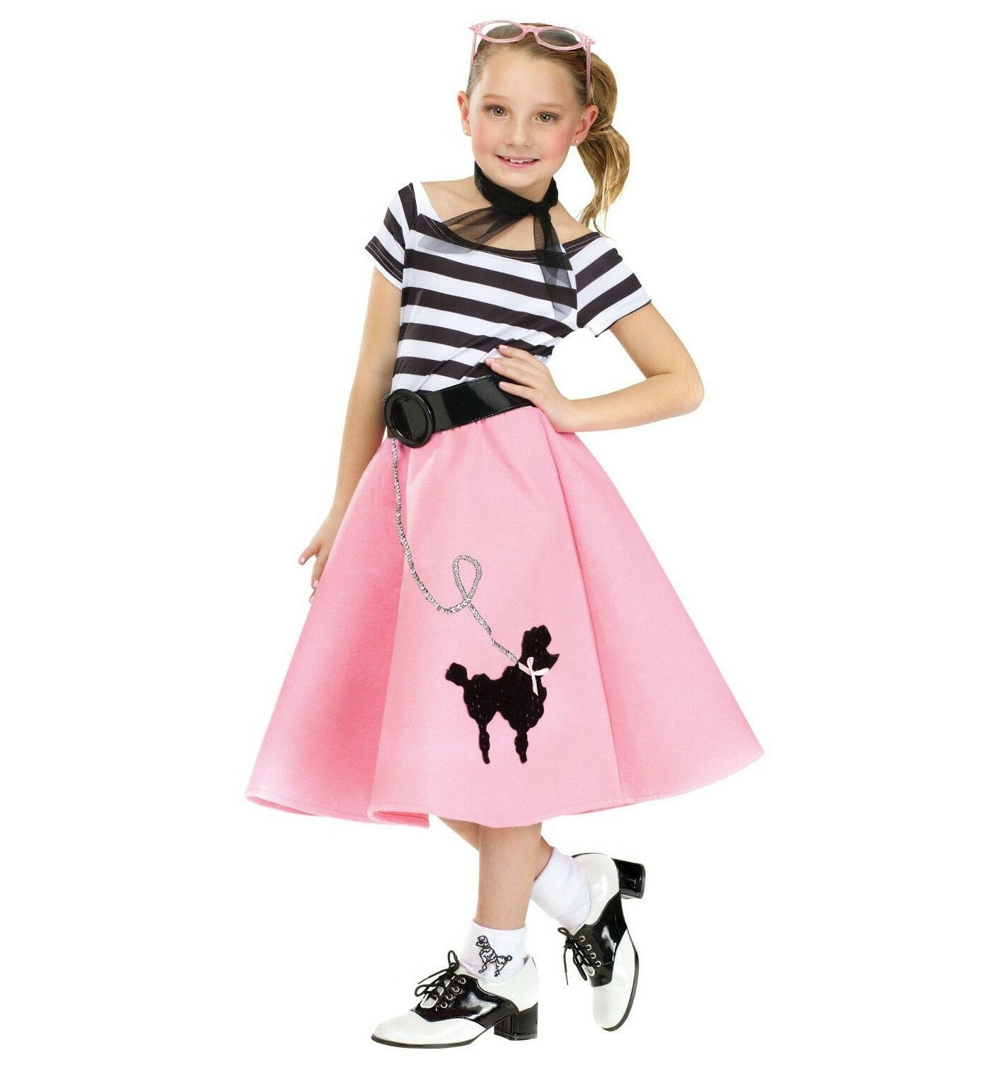 50's Soda Shop Sweetie Poodle Dress Child Costume Stripe bodice dress with retro poodle skirt Belt Neckerchief