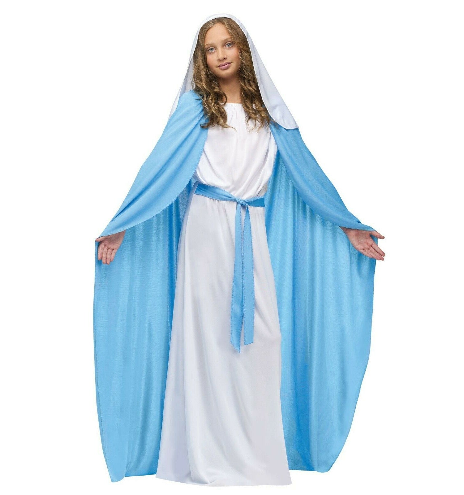 Biblical Virgin Mary Religious Christmas Child Costume White gown with attached blue belt and cloak Veil with hair comb