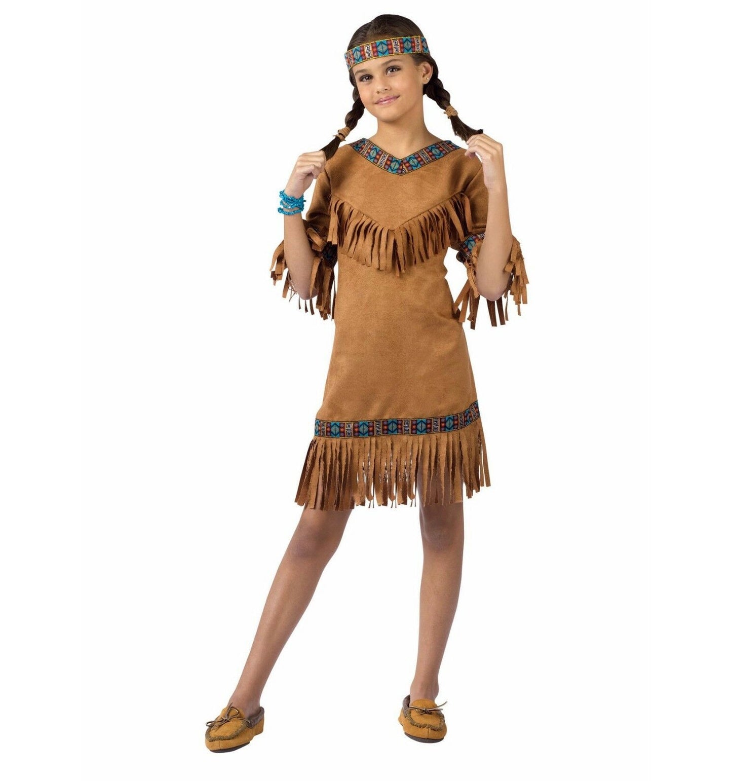 Native American Indian Princess Girl Child Costume Fringed faux suede dress with ribbon trim Headband
