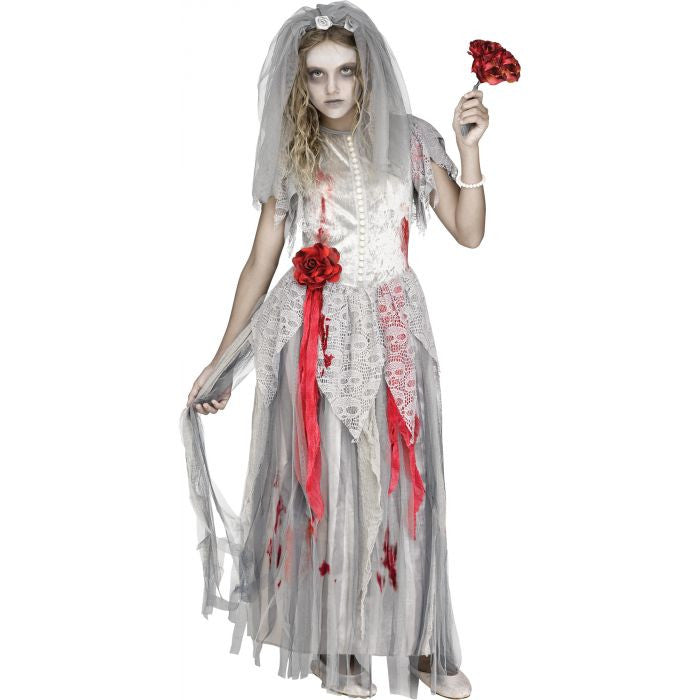 Zombie Bride Child Costume Gown Veil Headband Bouquet