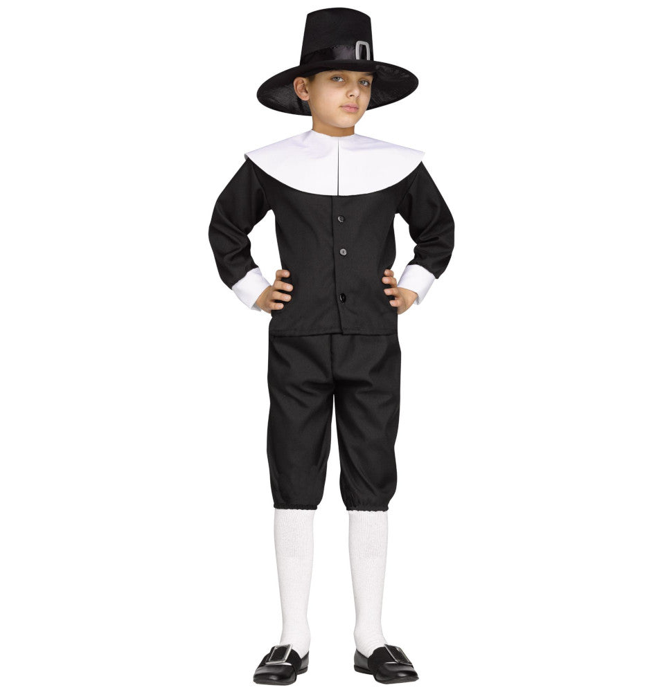 Pilgrim Boy Colonial Thanksgiving Child Costume Top Knickers Collar Shoe buckles Hat
