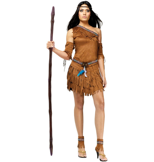 Pow Wow Native American Indian Princess Adult Costume Fringe one-shoulder dress Belt Arm cuffs Ankle cuffs Headband