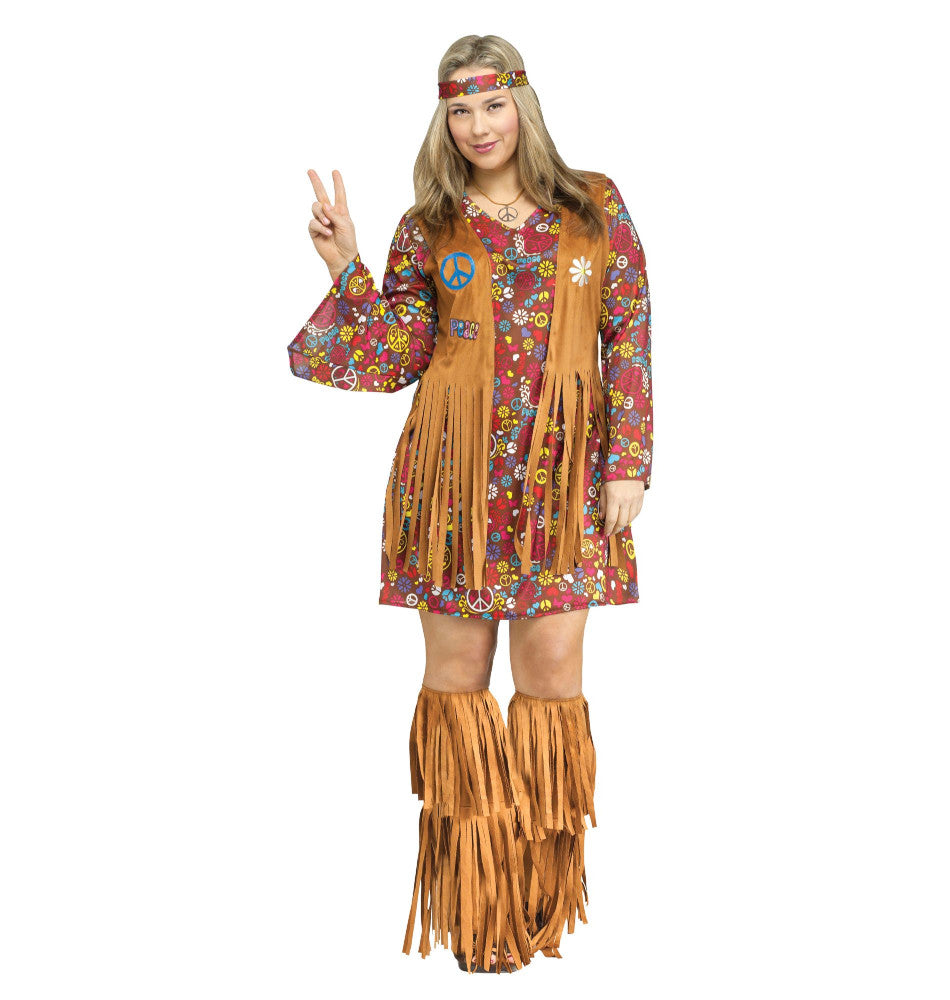 Peace and Love Hippie Groovy 60's 60s Plus Size Adult Costume Dress with attached vest Headband Fringe boot covers