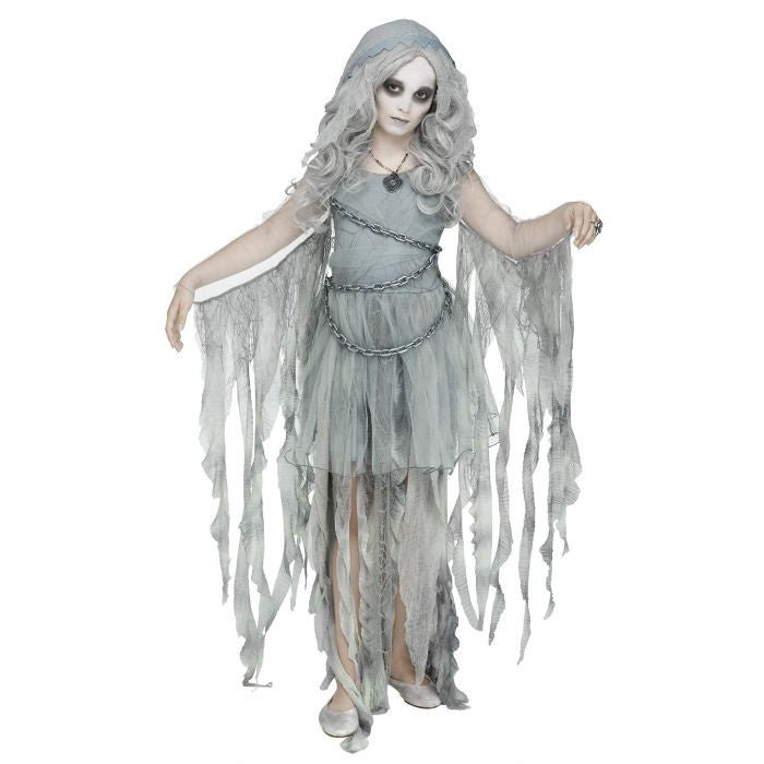 Enchanted Ghost Child Costume Hooded Dress Attached Chain