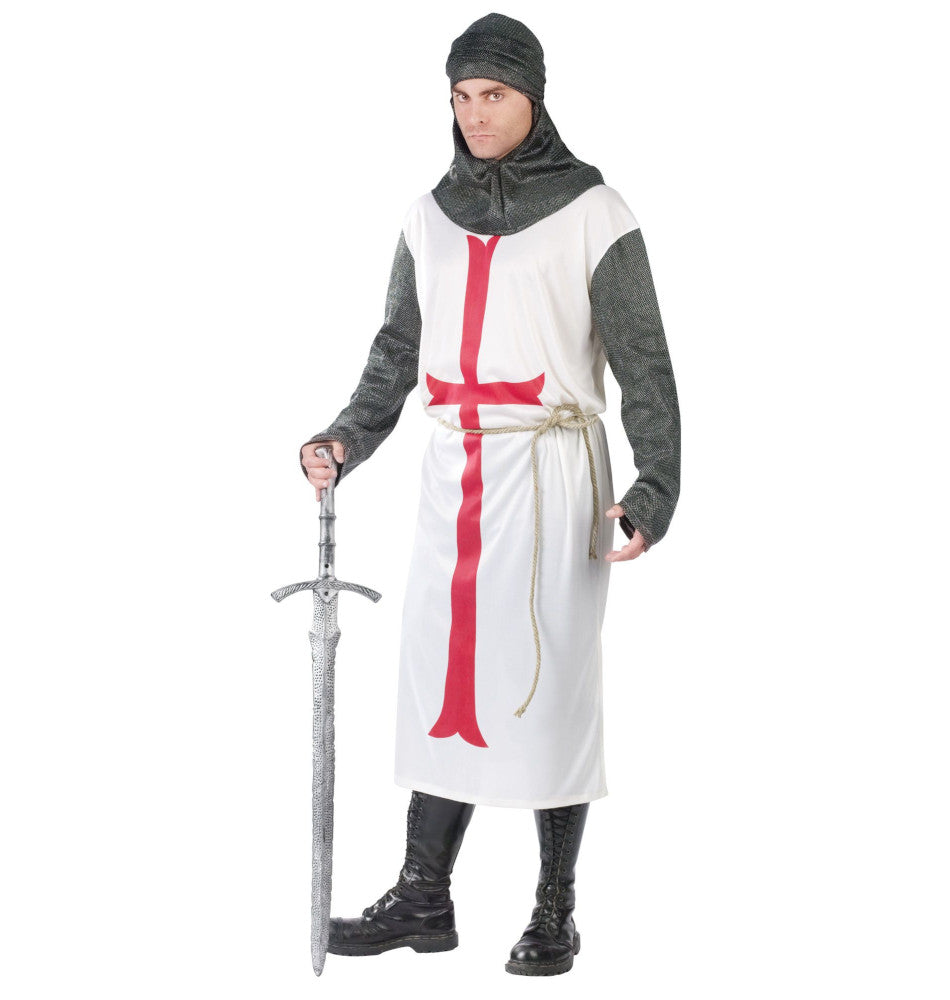 Templar Knight Renaissance Medieval Crusader Adult Costume Tunic with chainmail sleeves Hood with collar Head tie Rope belt