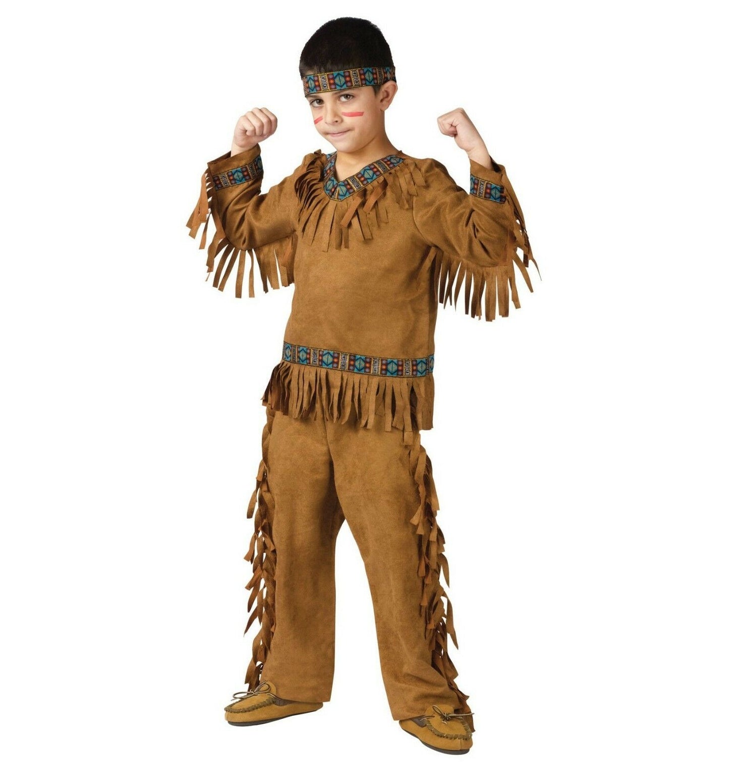 Native American Indian Warrior Boy Child Costume Fringed faux suede shirt with ribbon trim Fringed faux suede pants Headband