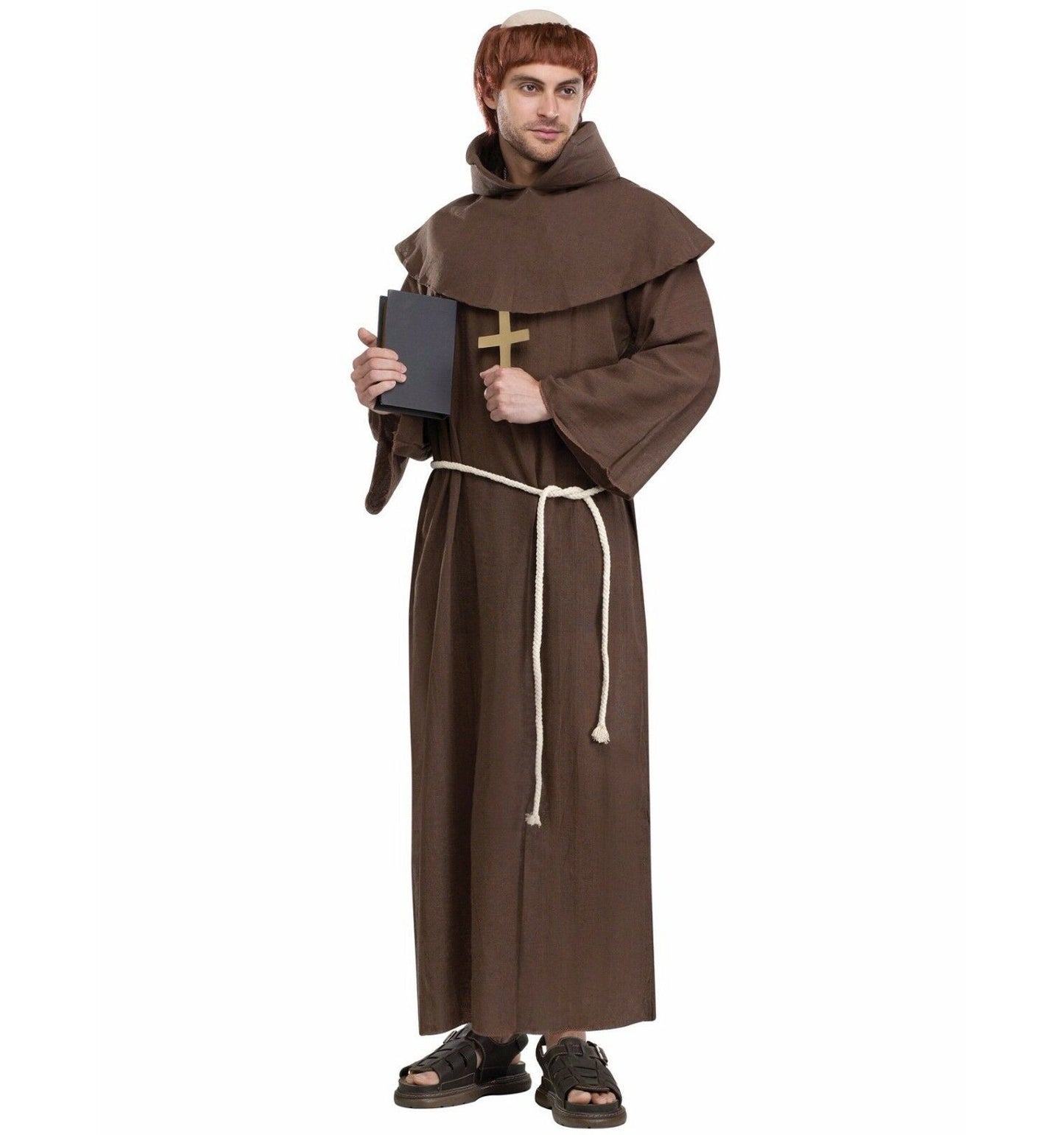 medieval Monk Friar Priest Robe Religious Adult Men Costume Robe Hooded capelet Tonsure Wig Belt