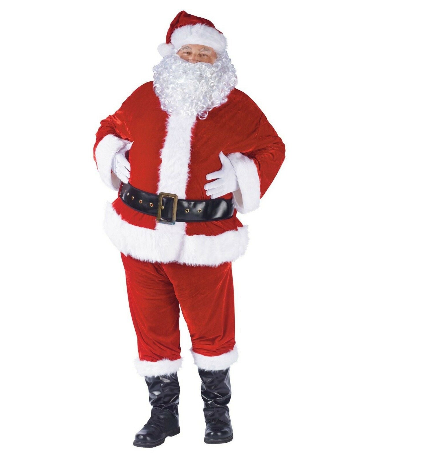 Complete Velour Santa Claus Suit Adult Costume Pull-over jacket top with back closure and belt loops Pants with side pockets Santa belt Boot tops White gloves Beard Santa hat with attached hair