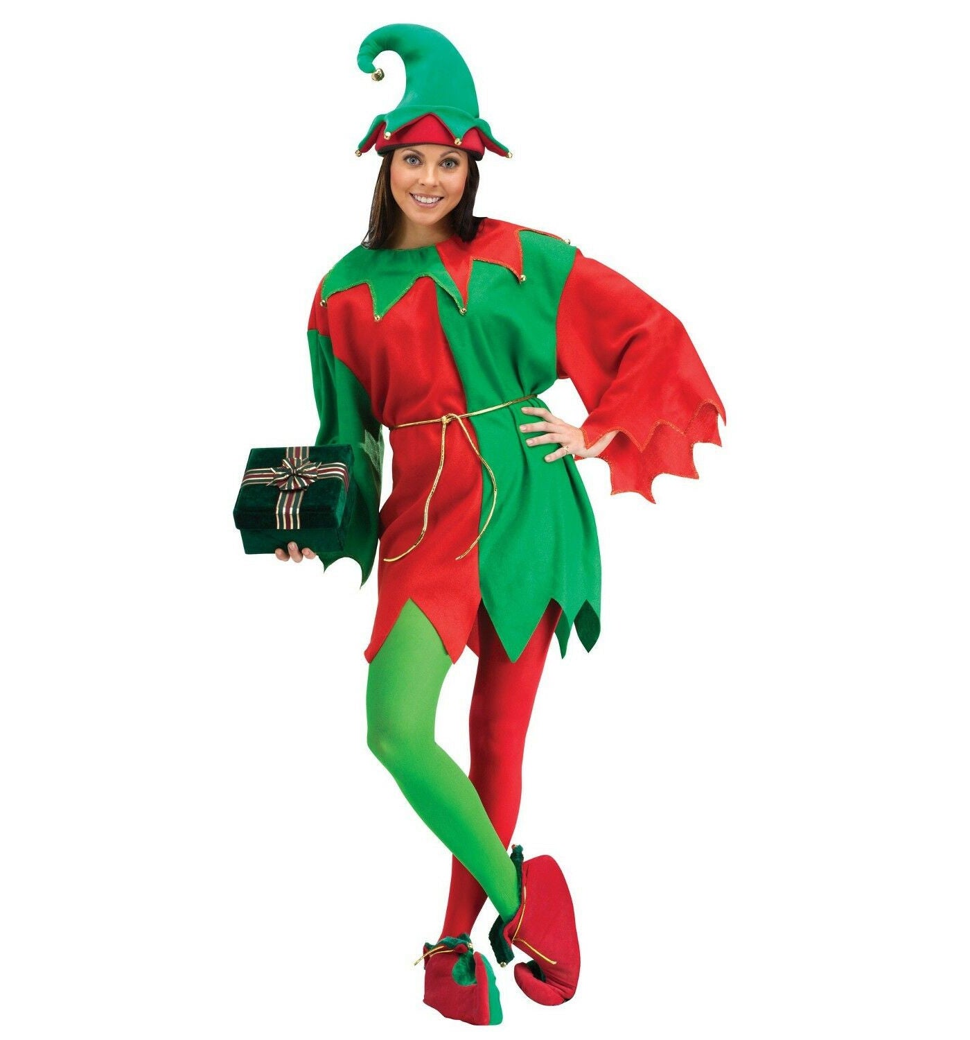 Elf Santa Helper Unisex Christmas Adult Costume Two-tone tunic with metallic edging and collar with jingle bell accents Metallic cord belt Two-tone elf shoes with jingle bell accents Elf hat