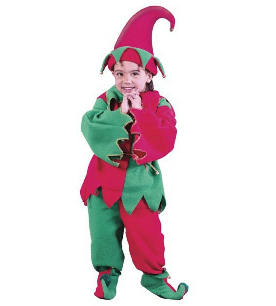 Fun World Elf Christmas Toddler Costume Set Two-tone tunic with metallic edging and collar with jingle bell accents Two-tone pants Metallic cord belt (2) two-tone elf shoes with jingle bell accents Elf hat