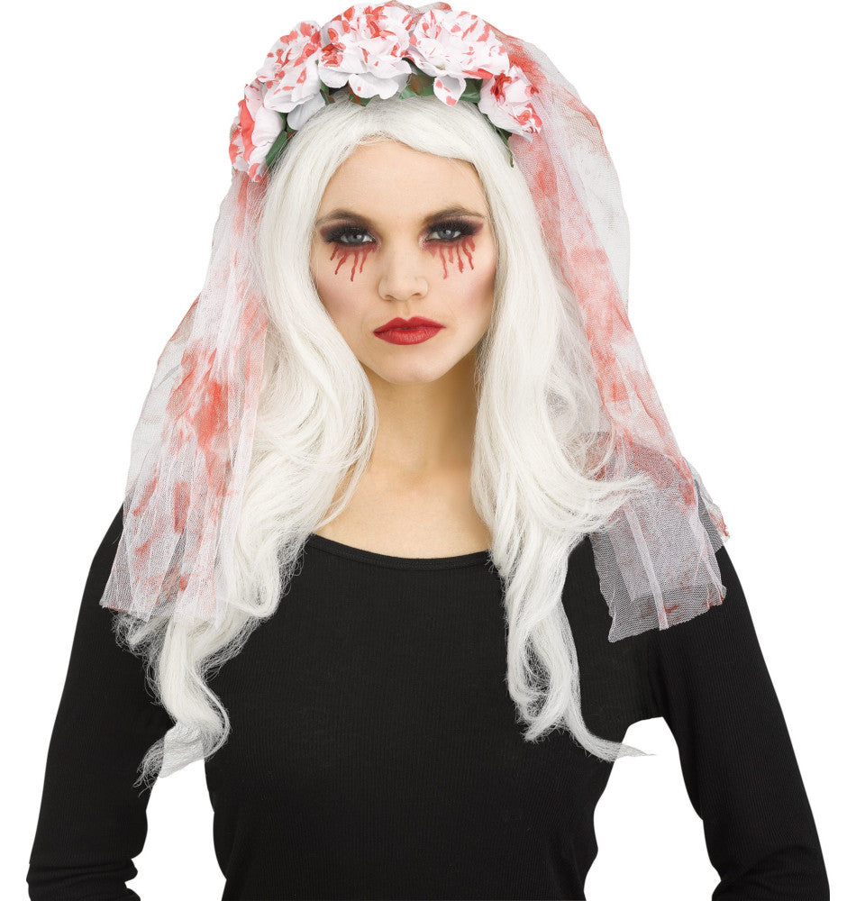 Horror Bridal Bloody Flower White Veil Adult Costume Accessory