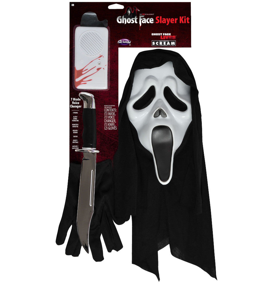 Ghost face slayer kit Mask w/Hood Gloves Buck Knife Voice Changer Soft PVC 1/2 Mask